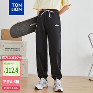 唐獅（TonLion）2024休閑褲女撞色抽繩束腳長(zhǎng)褲 加絨款/黑色 S