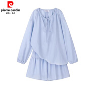 皮爾卡丹（pierre cardin）胖mm2-300斤休閑運(yùn)動(dòng)防曬套裝女夏大碼寬松長(zhǎng)袖+高腰短褲兩件套潮 藍(lán)色【兩件套】 L 【80-120斤】