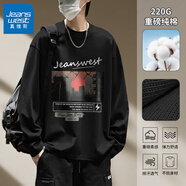 真維斯（Jeanswest）長(zhǎng)袖t恤男春秋純棉青少年休閑重磅二本針寬松大碼男士圓領(lǐng)打底衫 黑#ZS落日余暉 2XL 【不起球，不易皺】