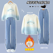 艾卡諾 I.KARNOW女童衛衣套裝兒童2026新款秋冬裝牛仔喇叭褲大童洋氣加絨女孩衣服 4916漸變藍+13068藍色【加絨款】 150