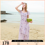 三彩2025夏季新款木耳邊荷葉袖蝴蝶印花雪紡連衣裙大擺長(cháng)裙M 淡紫色花卉 L 165/88A