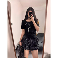 嗨蕾迪（HILADY）女裝夏季新款大尺碼胖mm顯瘦遮肚梨型身材黑色印 黑T+半身裙套裝 均碼 L 建議100-120斤