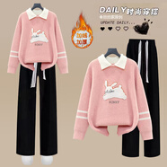 VZVG初中學(xué)生秋冬衣服女12少女大童寬松毛衣搭配加絨褲子休閑兩件套裝 粉色毛衣+黑色加絨褲【套裝】 S 【建議70-90斤】