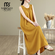 莫代爾夏新款棉綢度假長(cháng)款連衣裙女高個(gè)子碎花大碼無(wú)袖氣質(zhì)顯瘦沙灘群 棉綢-黃色 適合高個(gè)子 4XL 175-200斤 建議身高160以上