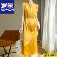 羅蒙（ROMON）高端新款醋酸緞面顯瘦收腰無袖V領(lǐng)真絲連衣裙夏季洋氣垂感長裙 黃色 L 建議100-120斤