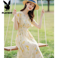 花花公子;PLAYBOY超好看印花小飛袖雪紡連衣裙子女裝2025夏季新款漂亮獨特海邊度假 圖片色 S 建議80--94斤