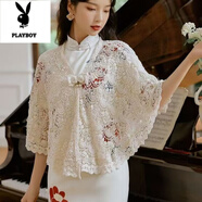 花花公子洋氣淑女純棉蕾絲無(wú)袖披肩女三角形披風(fēng)旗袍針織外套綁帶鉤針坎肩 無(wú)袖杏色款 