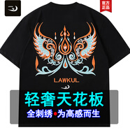 浪古 LAWKUL高端重磅短袖t恤男純棉刺繡花夏季新款復古空調(diào)房寬松休閑T上衣服 黑色 XL 建議160-200斤