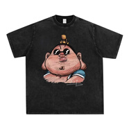 奧圣蔻太乙真人印花短袖 美式重磅水洗做舊vintage重磅短袖t恤男女通用 水洗黑-短袖【太乙真人1】 S 【建議80-100斤】