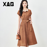XAQ高端連衣裙夏季法式名媛氣質(zhì)女神范時髦遮肉顯瘦設(shè)計感天絲大擺裙 咖色 M