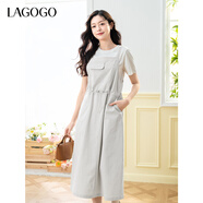 LAGOGO舒適抽繩收腰顯瘦連衣裙女拉谷谷2025年夏季新款休閑背帶裙 灰米色 L