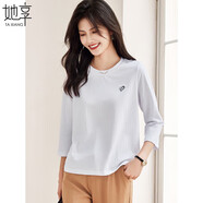 她享長(zhǎng)袖T恤女愛(ài)心刺繡圓領(lǐng)上衣體恤衫春秋裝七分袖打底衫T143T2043