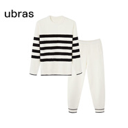 ubras貼貼系列慕斯絨條紋保暖加絨睡衣冬季女情侶家居服套裝 女款圓領(lǐng)-白色 M
