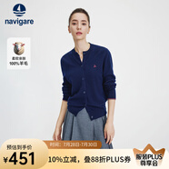 Navigare意大利小帆船毛衣外套女士秋冬款純羊毛圓領(lǐng)羊毛衫氣質(zhì)針織開衫 藏青 S