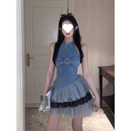 夏季新款拼接撞色網(wǎng)紗水洗牛仔裙子小眾不規則芭蕾風(fēng)連衣裙短裙女 藍色（高品質(zhì) S