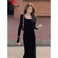 皮爾卡丹（pierre cardin）黑色針織連衣裙女2025年春秋新款法式赫本風(fēng)長裙配大衣打底毛衣裙 S