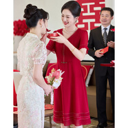 帕絲特媽媽裝夏季透氣雪紡結婚禮服喜婆婆喜宴中年女裝連衣裙 紅色 XL
