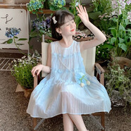 乖妮貓女童連衣裙夏款2025新款洋氣大童夏裝女孩背心裙子兒童公主裙夏季 藍(lán)色單件連衣裙 160 碼