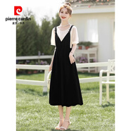 皮爾卡丹（pierre cardin）時(shí)尚假兩件撞色拼接連衣裙女2025夏季新款抽繩設計感中長(cháng)款A字裙 黑拼米色 S 【建議80-95斤 高品質(zhì)】