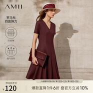 AMII法式復(fù)古a字連衣裙女夏季新款赫本風(fēng)顯瘦V領(lǐng)修身裙子 波爾多紅 XS 150/76A