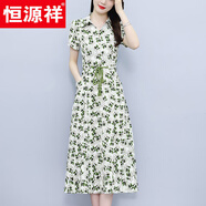 恒源祥洋氣廣州碎花連衣裙女2025新款夏季十三行媽媽闊太太收腰顯瘦裙子 綠色 XL (116-125斤)