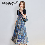 卡薩羅澳（KSSALOAO）高端品牌慵懶度假風(fēng)短袖連衣裙兩件套女2025夏季新款吊帶連衣裙女 海藍(lán)印花裙+T恤2件套 M
