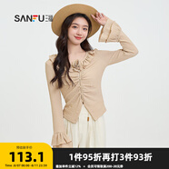 三福長T恤2025秋季玫瑰花V領(lǐng)喇叭袖優(yōu)雅上衣女裝498141 卡其色 S