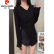 皮爾卡丹（pierre cardin）棉短袖t恤女2025夏季新款中長款寬松大板遮臀顯瘦開叉百搭女上衣 黑色V領 XL 建議118-136斤