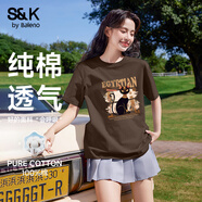 班尼路（Baleno）S&K純棉短袖T恤女2025夏季新款時(shí)尚潮流咖色半袖寬松透氣百搭上衣