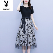 花花公子（PLAYBOY）假兩件裙夏季新款2025年大碼女裝氣質(zhì)V領(lǐng)短袖拼接網(wǎng)紗印花連衣裙 花色 L 建議100-115斤