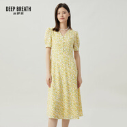 深呼吸DEEP BREATH女裝V領中長高腰泡泡袖收腰碎花連衣裙A500197 淺綠-黃花 M (3碼)