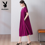 花花公子（PLAYBOY）胖媽媽新款夏季棉綢連衣裙短袖寬松遮肉裙子大碼印花長(zhǎng)裙200斤可 【6-778】紫紅 XL