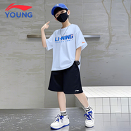 LI-NING KIDS李寧兒童速干套裝夏季新款短袖短褲輕薄透氣運(yùn)動(dòng)套裝男大童兩件套 極光藍(lán)速干英文標(biāo)+黑色速干短褲 160 cm