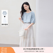 香影中袖襯衫女圓領(lǐng)2025夏裝新款慵懶泡泡袖氣質(zhì)淑女寬松藍色上衣 套裝 襯衫+半裙 L 165/88A/110-125斤