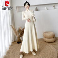皮爾卡丹（pierre cardin）半高領(lǐng)打底內(nèi)搭針織連衣裙女秋冬裝新款氣質(zhì)顯瘦超長款毛衣裙長裙 杏色 S 建議80-95體重