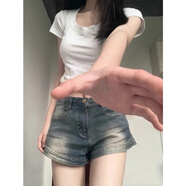 衣然呈品復(fù)古辣妹高腰牛仔短褲女夏季新款美式高街寬松百搭顯瘦a字熱褲女 復(fù)古藍(lán) M 【建議90-110斤】