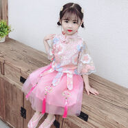 葉余漢服兒童女寶公主裙新款古風(fēng)仙女裙夏天中小童薄款唐裝洋氣兩件套 粉色櫻花鏤空分體兩件套+流蘇發(fā) 100 建議體重10-20斤