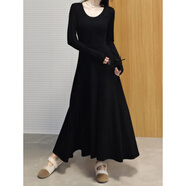 啄木鳥(niǎo)2026春季新款莫代爾連衣裙收腰大擺顯瘦修身垂感A型長(cháng)袖連衣裙子 黑色 S
