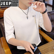 JEEP SPIRIT潮流短袖衛(wèi)衣男春秋寬松圓領(lǐng)七分中袖百搭新款ins風(fēng) 055白色 七分 袖 M