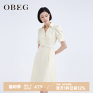 OBEG歐碧倩夏季女裝通勤西裝式收腰純色襯衫領(lǐng)連衣裙10442106 淡黃 XS /155/34