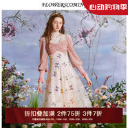 flowerscoming2024新款絲絨拼接蕾絲中長款公主裙女網(wǎng)紗蝴蝶繡花珠片連衣裙修身 粉色 L