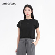 哥弟（GIRDEAR） 女裝夏季新款簡(jiǎn)約百搭氣質(zhì)富貴玫瑰花純色休閑短袖T恤女1300996 黑色 S (2碼)