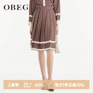 OBEG歐碧倩設(shè)計感時尚印花半裙春及膝減齡百褶裙出游穿搭10463036 沙褐色 XS /155/34