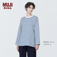 無(wú)印良品（MUJI）女式 粗棉線圓領(lǐng)長(zhǎng)袖T恤 上衣打底衫女款內(nèi)搭 純棉秋季休閑女裝 藍(lán)色條紋 4S L  (165/88A)