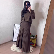 COLORFUL GEMS2025秋歐美復古純色高腰褶皺長(cháng)裙兩件套 咖啡色 2XL