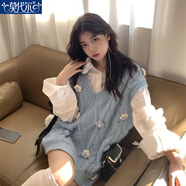 莫代爾針織衫女2025春秋季新款疊穿馬甲立體花朵設計感小眾v領(lǐng)外穿毛衣 單藍色花朵馬甲 S _（80-100斤）