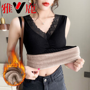 雅鹿加大版保暖背心女帶胸墊冬季蕾絲加絨加厚防寒發(fā)熱內搭上衣打底衫 黑色 L 115-125斤穿