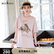 謎底印花T恤短袖女2025夏新款圓領(lǐng)粉色原創(chuàng)繡花寬松上衣256MT6023 懷舊粉 M