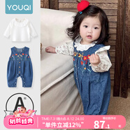 優(yōu)奇女寶寶牛仔背帶褲套裝褲子嬰幼兒可愛超萌女童春秋季外出衣服爬服 花朵背帶褲+花邊上衣 100