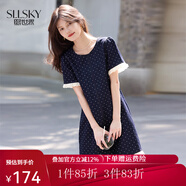 熙世界sllsky休閑風(fēng)荷葉花邊拼接短袖圓領(lǐng)復古波點(diǎn)連衣裙2025夏日新款 深海藍 XL